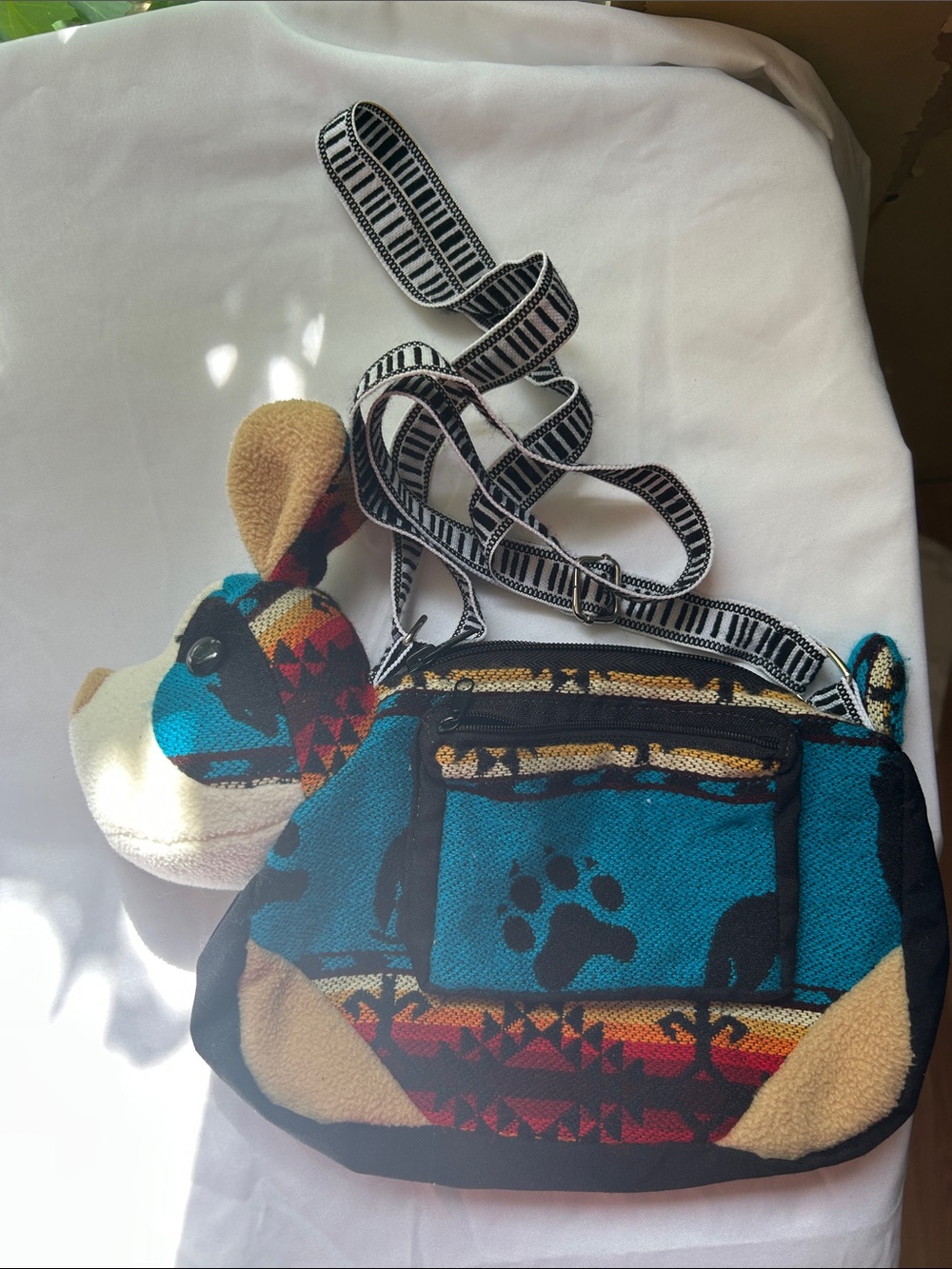 Playful Teal Paw Print Crossbody Bag with Plush dog head